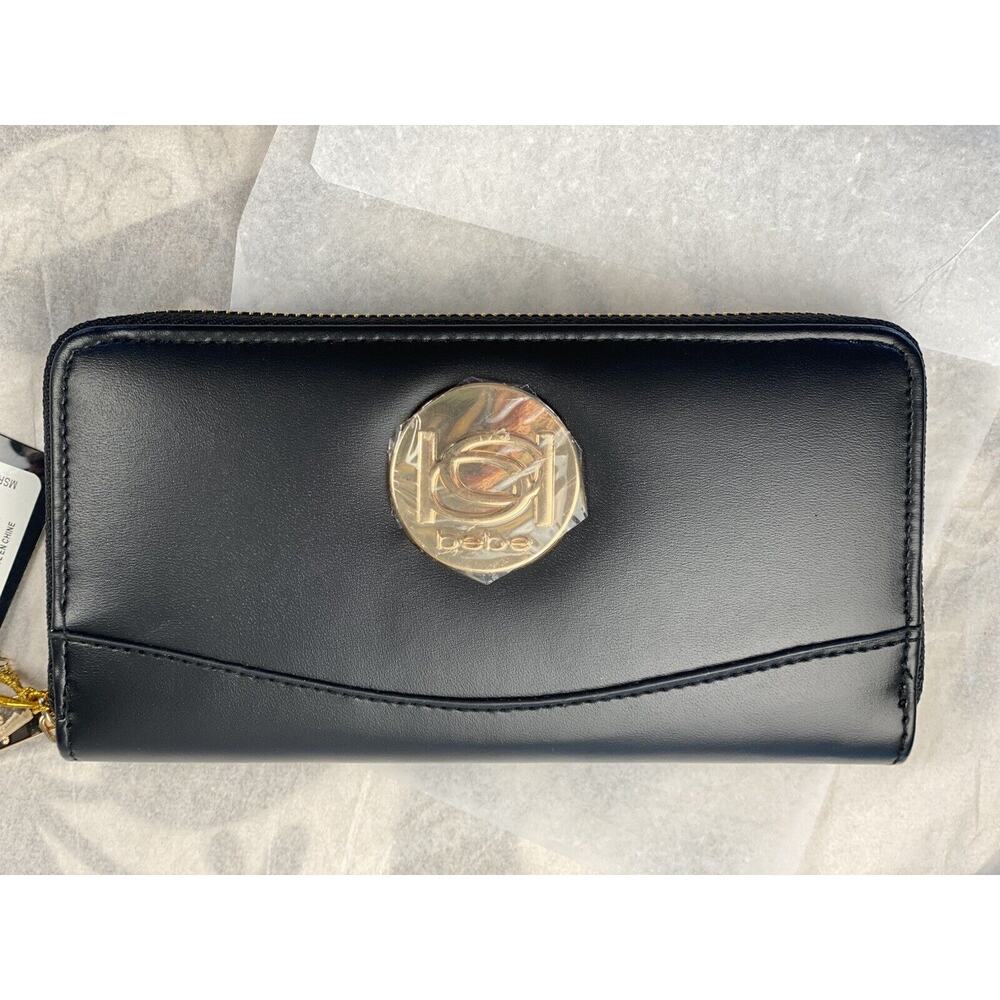 Bebe Melendy Black Zip-Around Clutch Wallet NWT